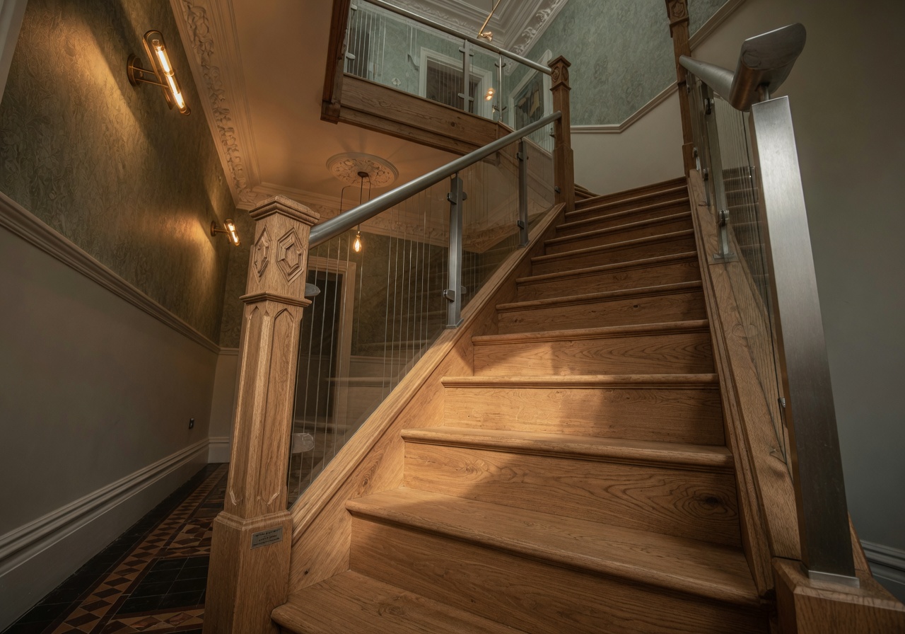 Bespoke solid oak staircase with contemporary balustrade in a renovated Victorian townhouse, premium joinery