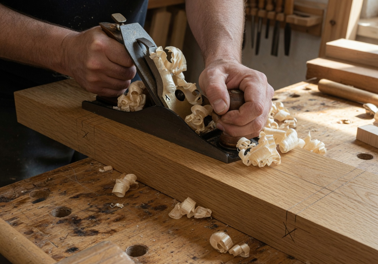 Skilled hands using traditional tools on premium oak timber, showcasing fine carpentry craftsmanship