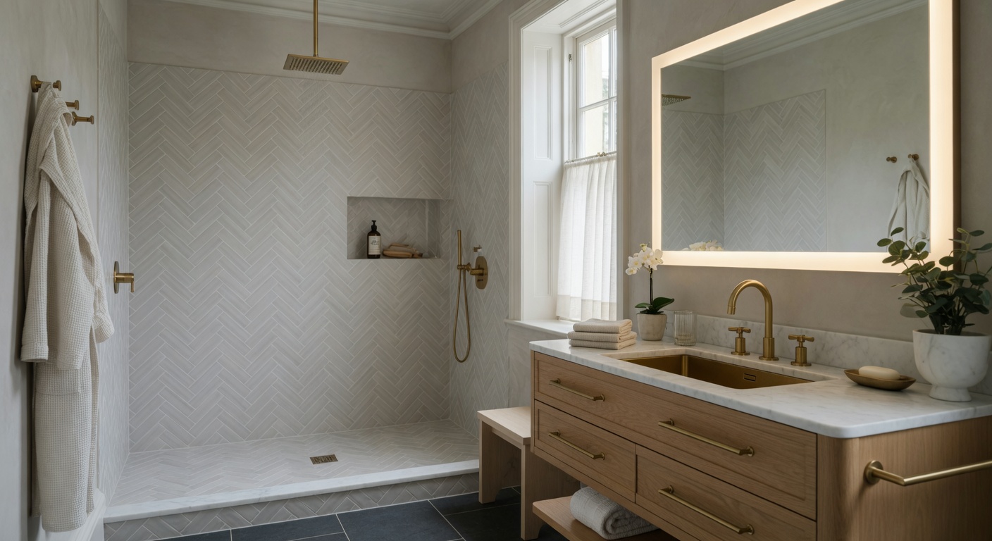 Luxury bathroom refurbishment with walk-in shower, floating oak vanity and premium finishes
