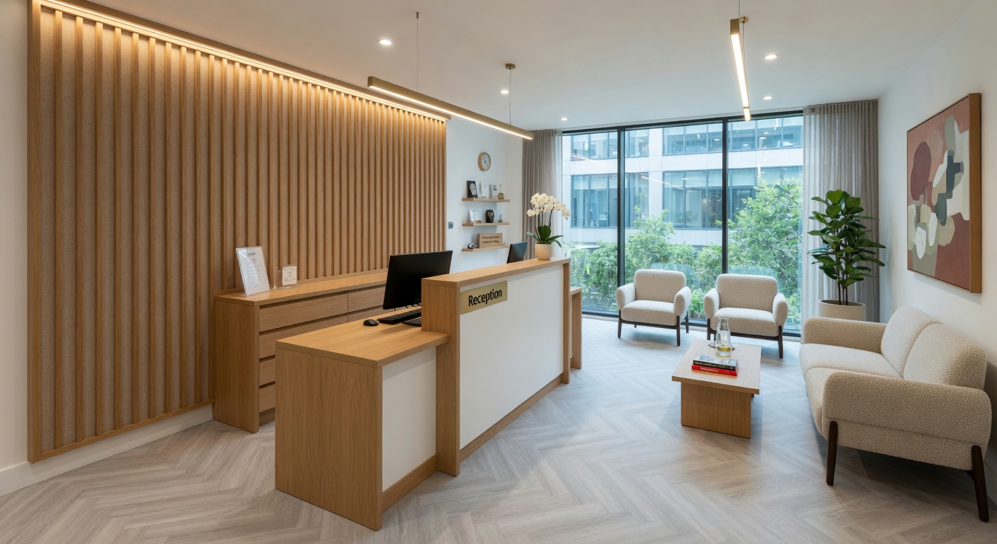 Modern office reception after professional refurbishment with custom timber joinery and welcoming design